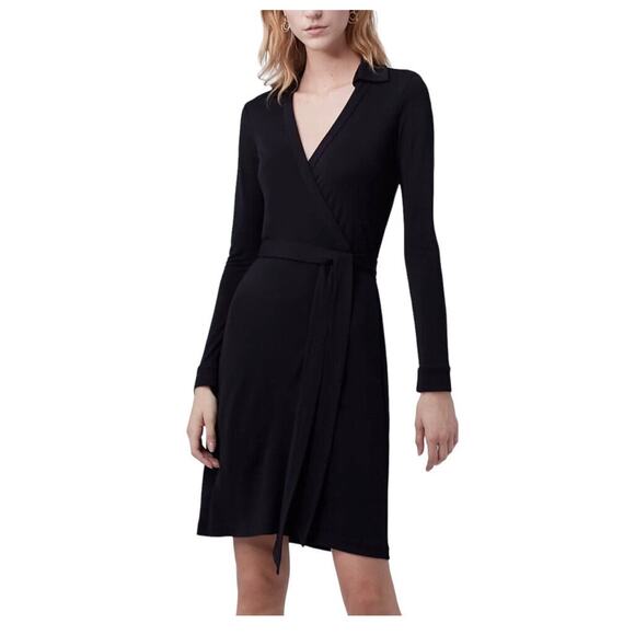 Diane Von Furstenberg Jeanne Two Black Crepe Wrap Tie Plunge Dress Sz Xs-Sm New